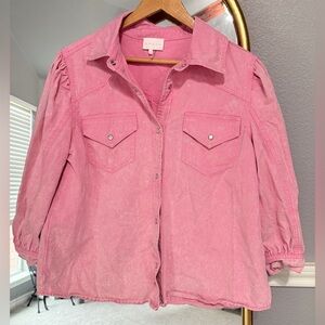 Entro Acid Wash Denim Pearl Snap Long sleeve Distressed Cotton Shirt Womens M